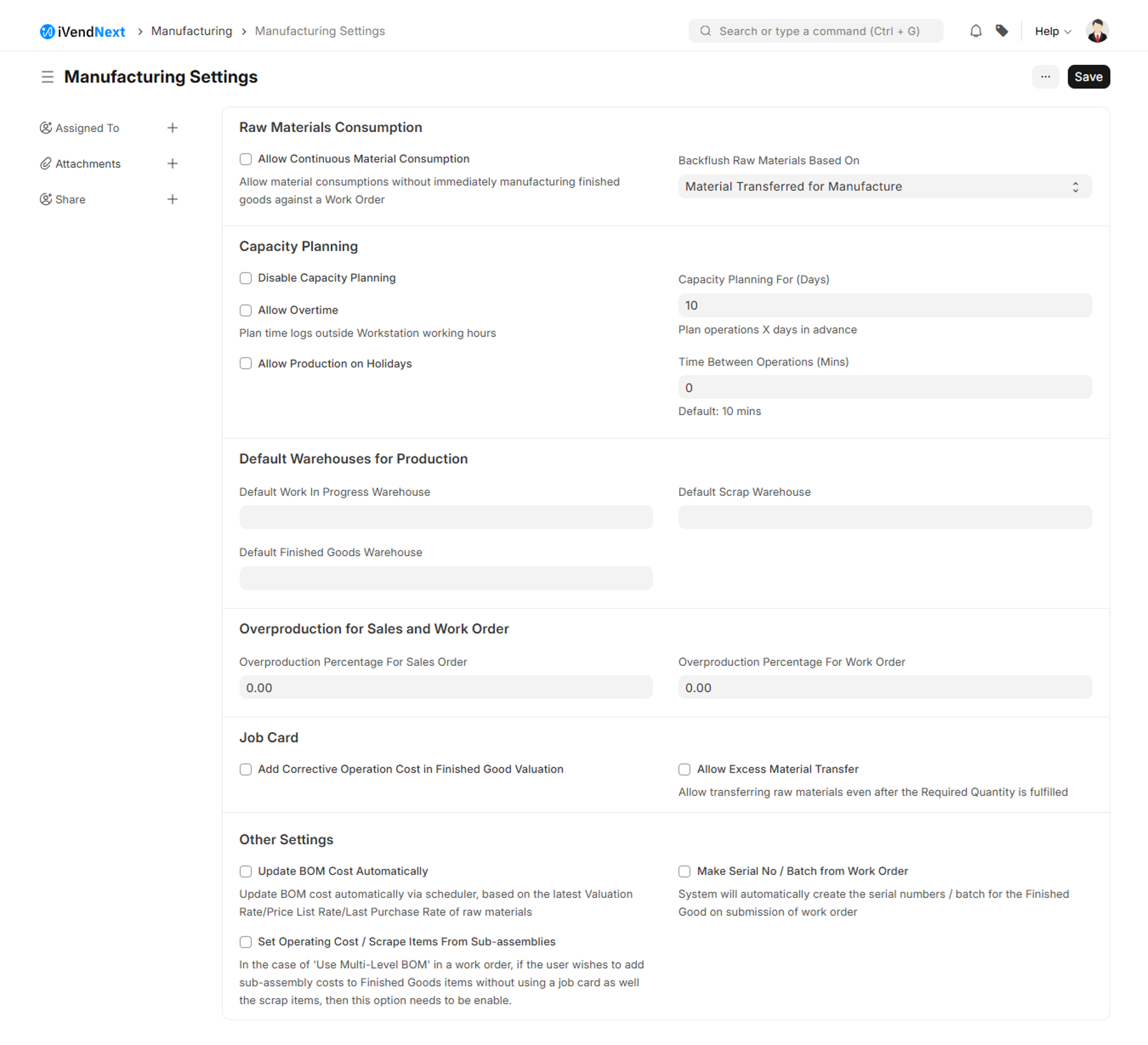 Manufacturing Settings - Extended